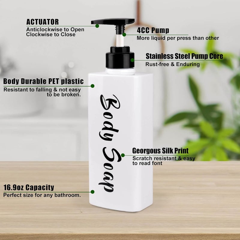 AUMIO 16.9oz Shampoo Conditioner Body Wash Dispenser for Shower, Refillable Printed Soap Bottles with Pump, Empty Plastic Bathroom Dispenser Set for Shampoo, Conditioner & Soap (White, 3 Pack) - Image 5